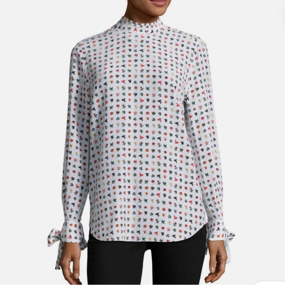 Equipment Femme Aurora Blouse XSmall  Floral Silk Pleated Mock Neck Tie